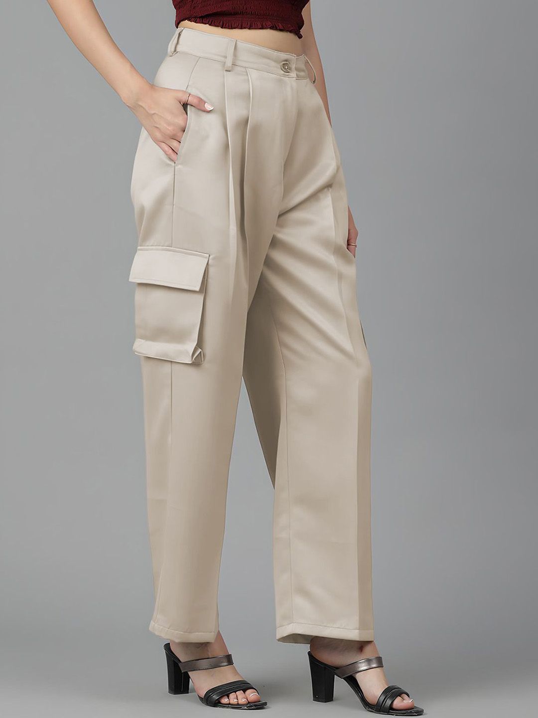 KOTTY BIZwear Women Straight Fit High-Rise Pleated Cargos