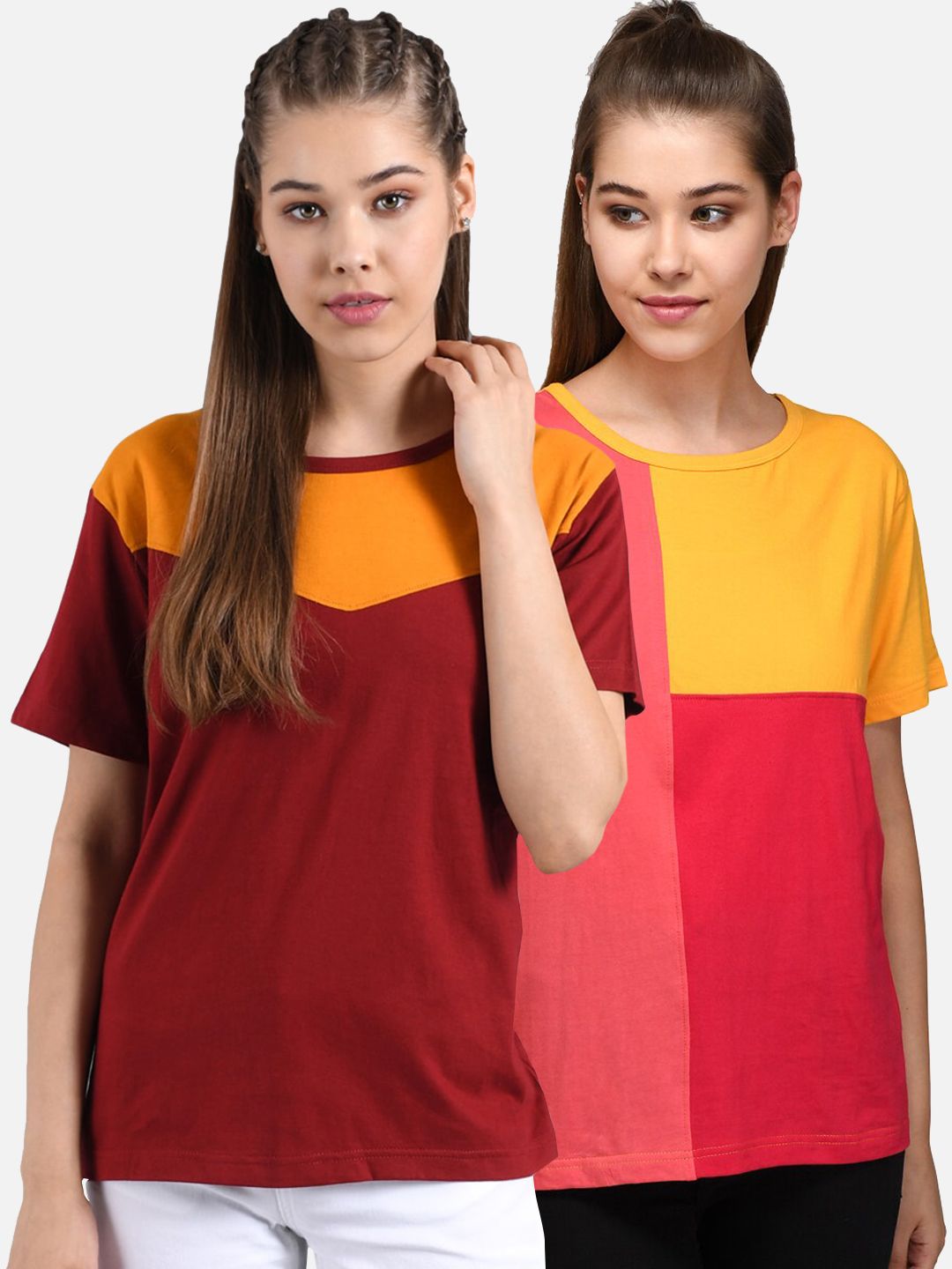 Kotty Women Pack Of 2 Colourblocked Round Neck T-shirt