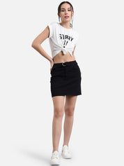 Kotty Women Black Solid Denim Straight Mini Skirt
