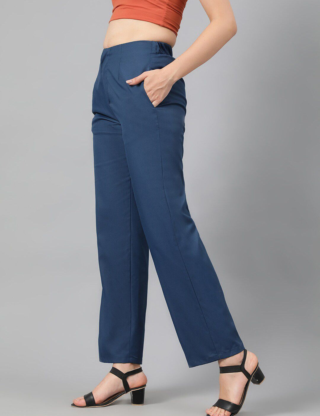 Kotty Women Teal Blue Relaxed Straight Leg Fit High-Rise Easy Wash Trousers