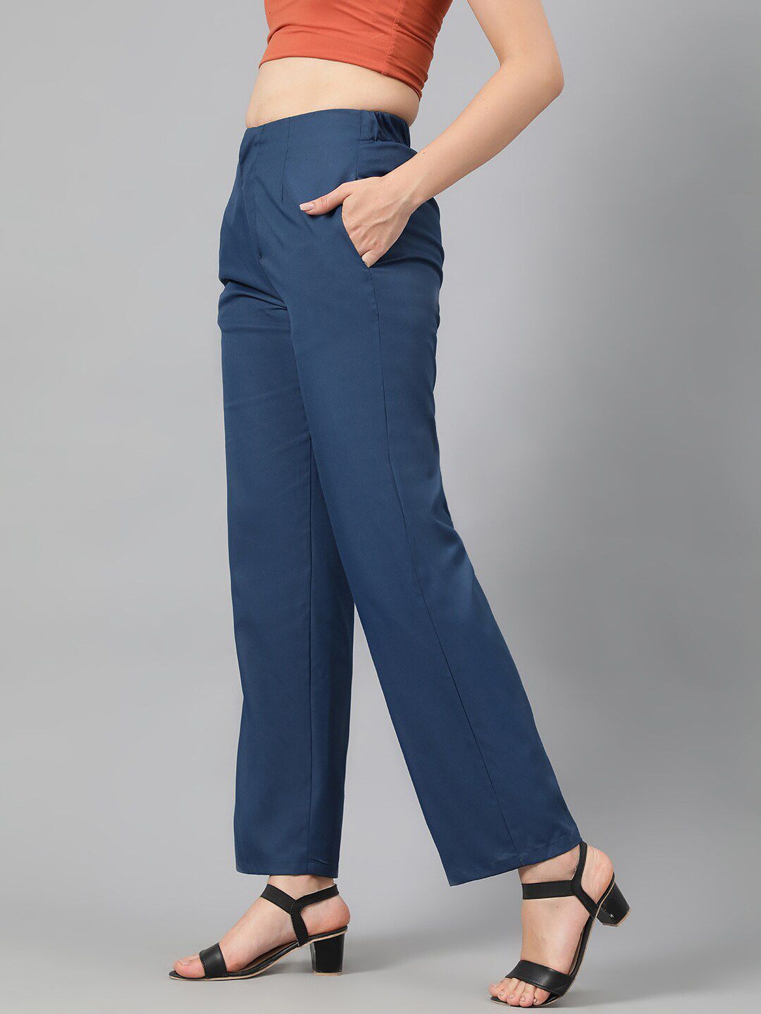 Kotty Women Teal Blue Relaxed Straight Leg Fit High-Rise Easy Wash Trousers
