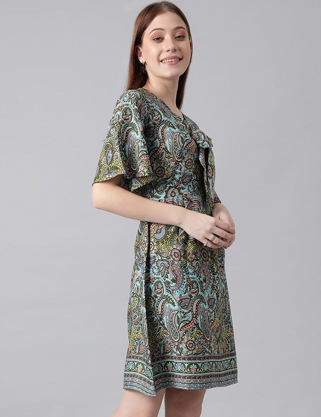 Kotty Blue & Green Ethnic Motifs Printed Tie-Up Neck Flared Sleeves A-Line Dress