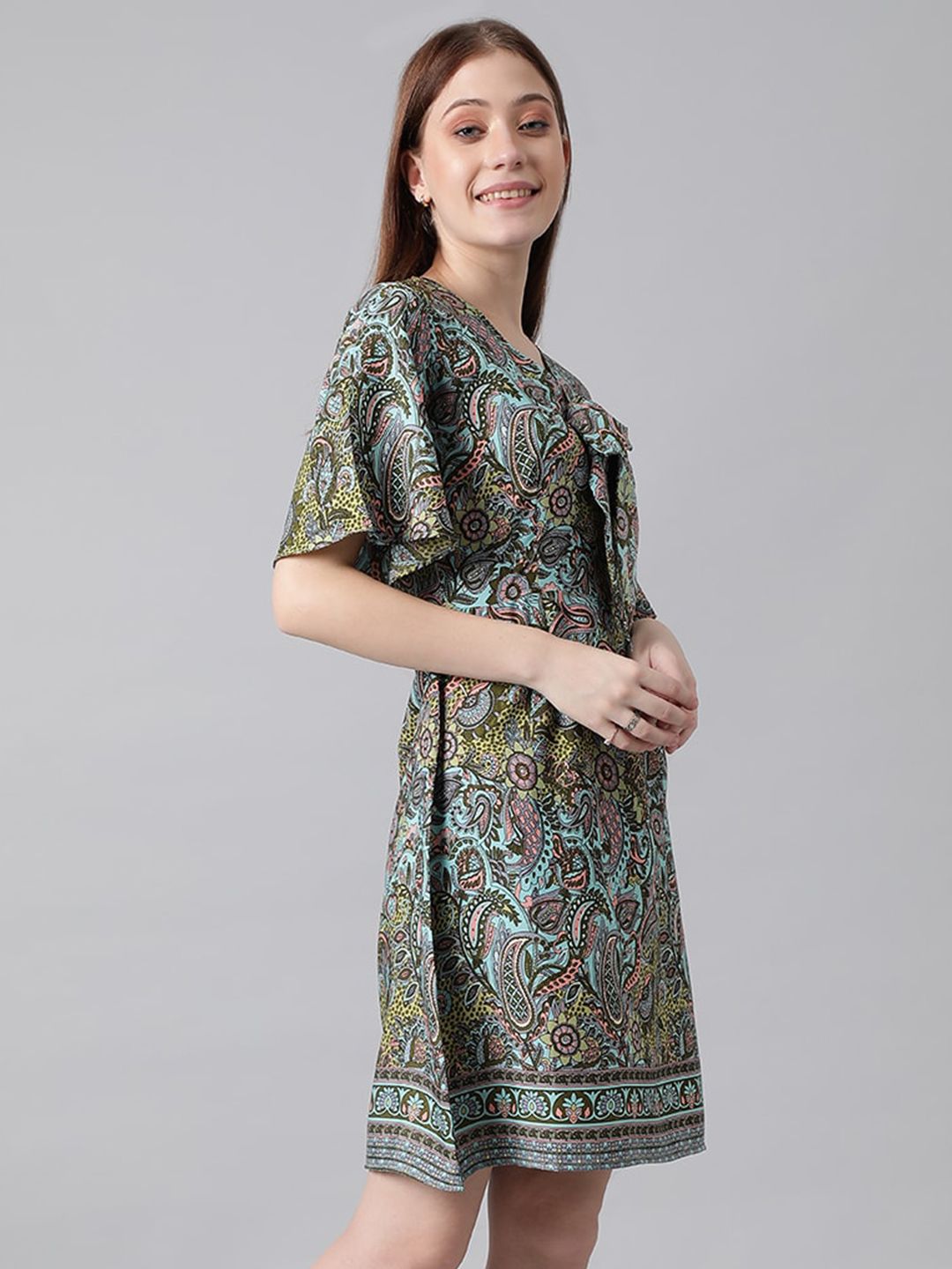 Kotty Blue & Green Ethnic Motifs Printed Tie-Up Neck Flared Sleeves A-Line Dress