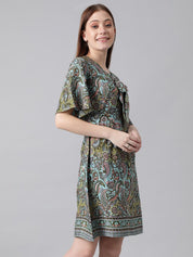 Kotty Blue & Green Ethnic Motifs Printed Tie-Up Neck Flared Sleeves A-Line Dress
