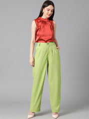 Kotty Women Green Relaxed Straight Leg Straight Fit High-Rise Easy Wash Pleated Trousers