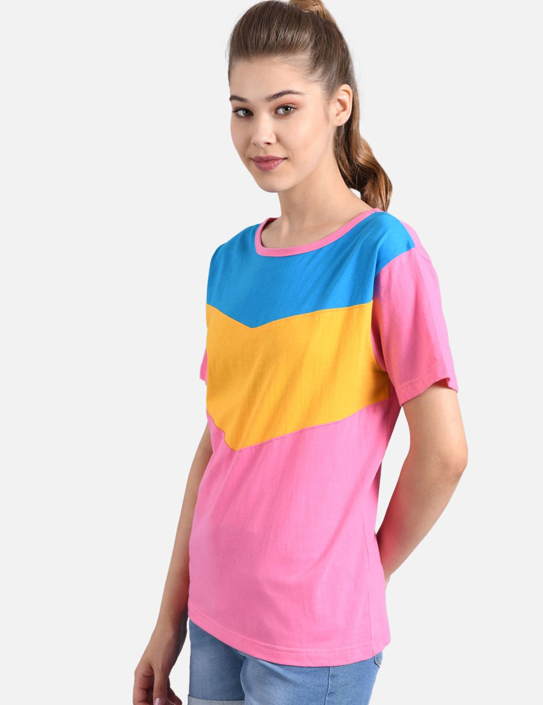 Kotty Women Pink & Yellow Colourblocked Round Neck T-shirt