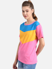 Kotty Women Pink & Yellow Colourblocked Round Neck T-shirt