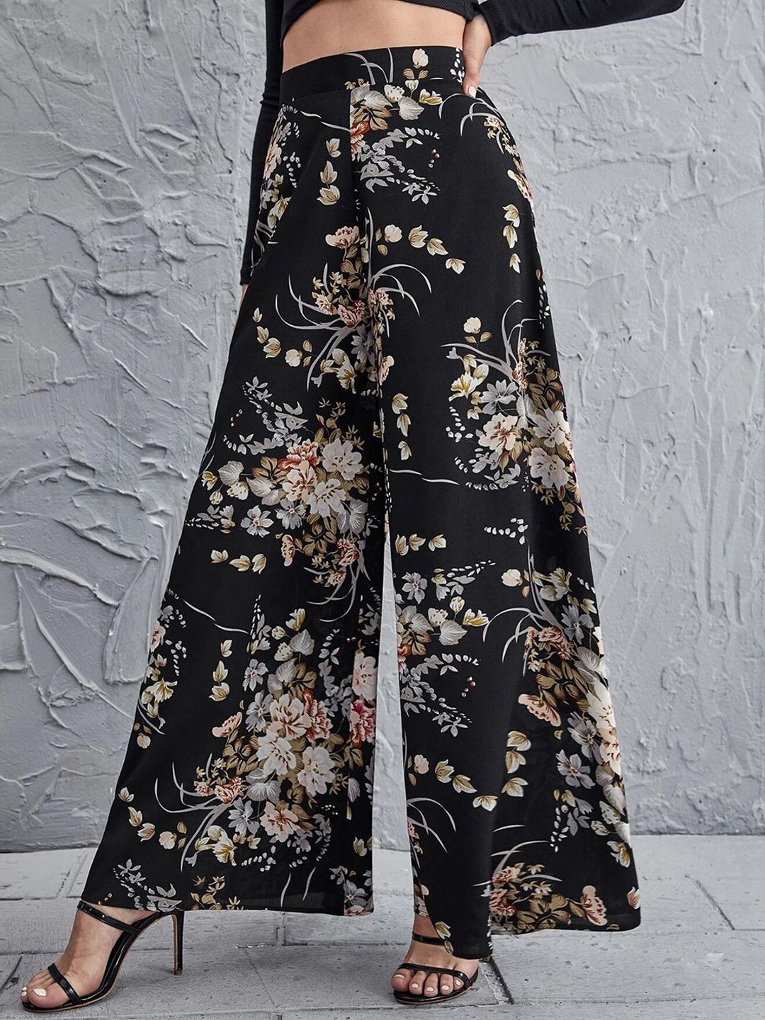 Kotty Women Multicoloured Floral Printed Relaxed Flared High-Rise Easy Wash Trousers