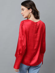 Kotty Red Cuffed Sleeves Satin Top