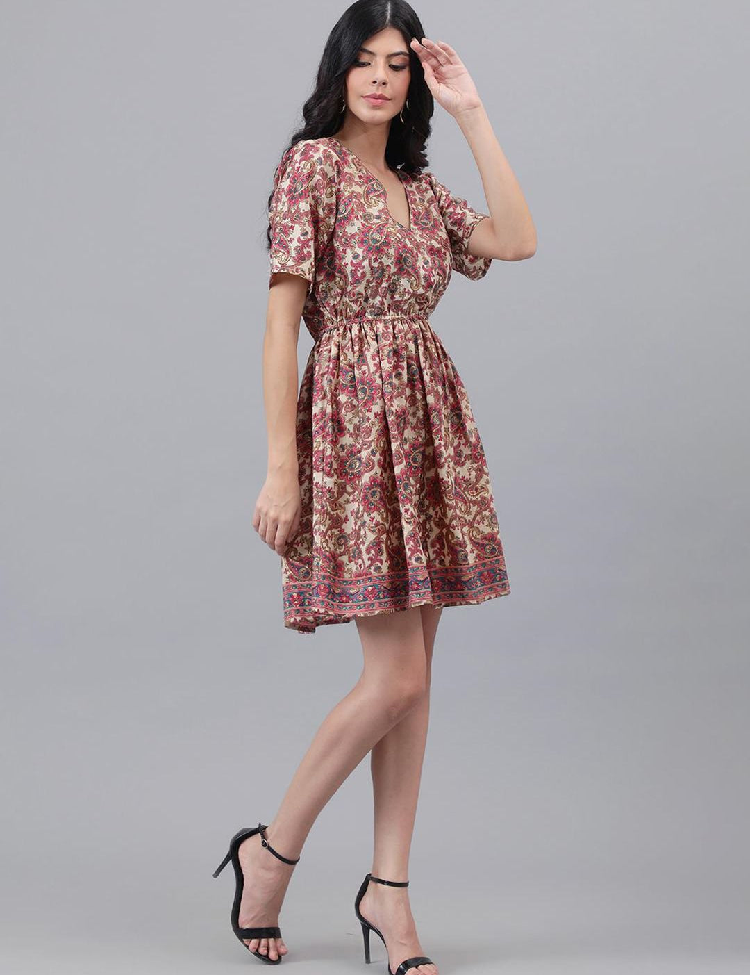 Kotty Brown & Cream Ethnic Motifs Printed Dress