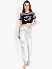 Kotty Women White Striped Skinny Fit High-Rise Slash Knee Jeans