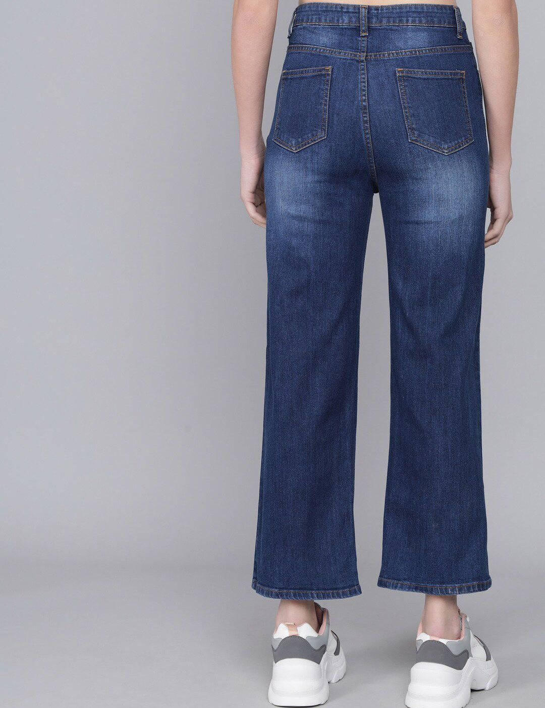 Kotty Women Blue Flared High-Rise Low Distress Light Fade Cropped  Jeans