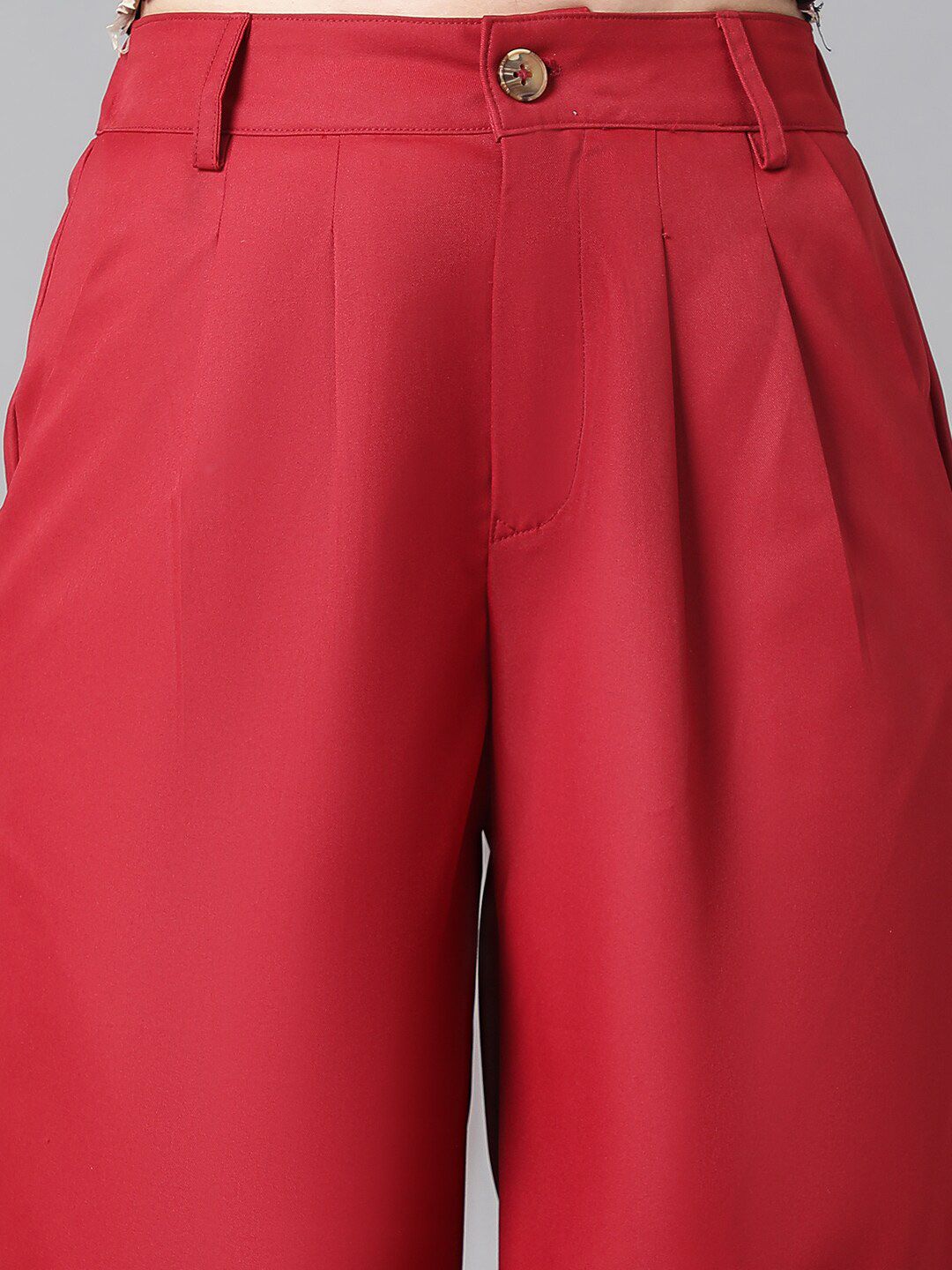 Kotty Women Maroon Relaxed Straight Leg High-Rise Easy Wash Pleated Parallel Trousers