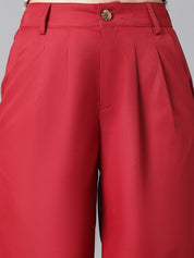 Kotty Women Maroon Relaxed Straight Leg High-Rise Easy Wash Pleated Parallel Trousers