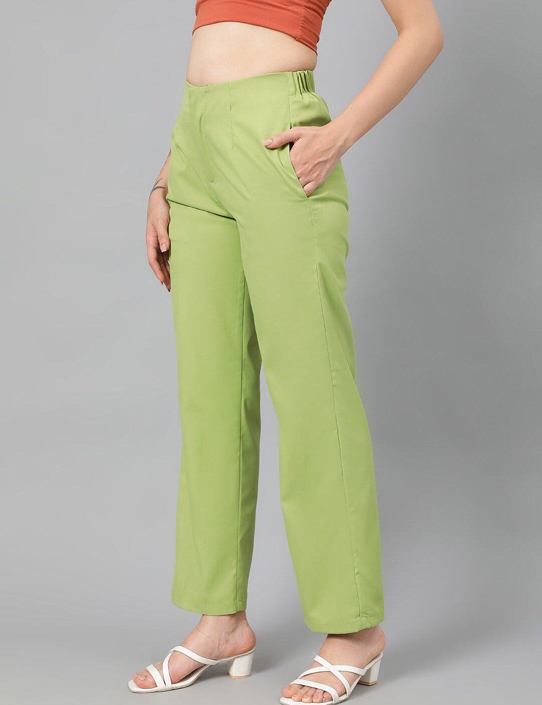 Kotty Women Green Relaxed Straight Leg Fit High-Rise Easy Wash Parallel Trousers