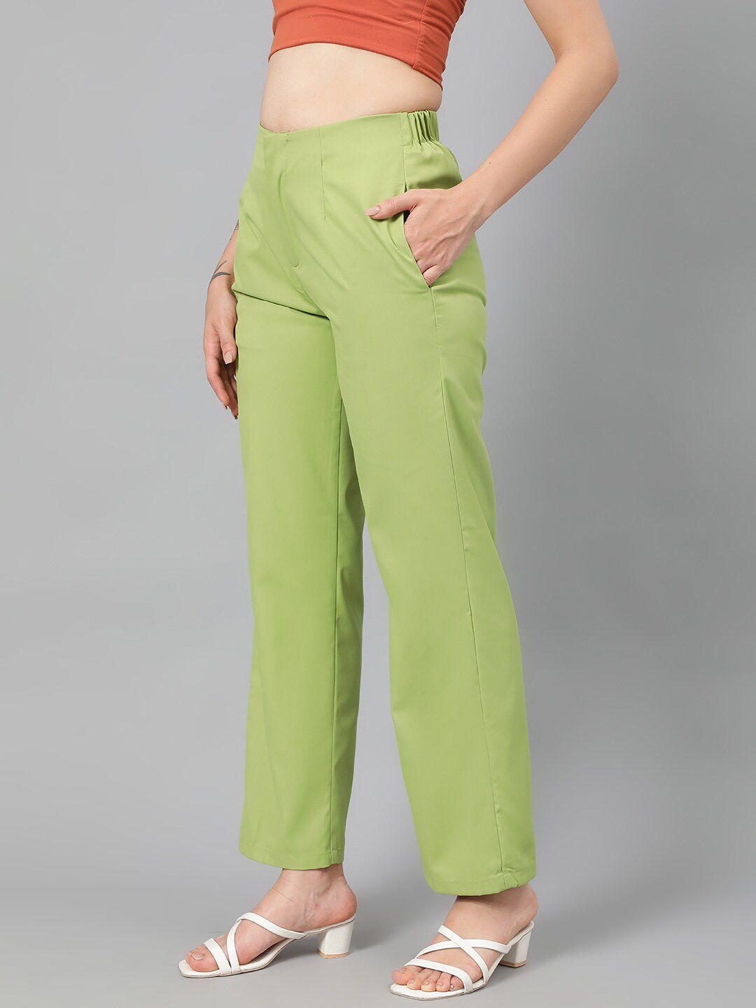 Kotty Women Green Relaxed Straight Leg Fit High-Rise Easy Wash Parallel Trousers