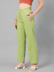 Kotty Women Green Relaxed Straight Leg Fit High-Rise Easy Wash Parallel Trousers