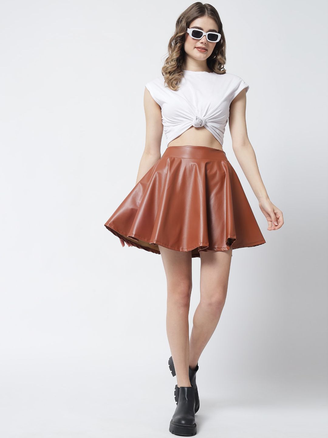 Kotty Women Brown Solid Flared Leather Mini Skirt