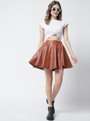 Kotty Women Brown Solid Flared Leather Mini Skirt