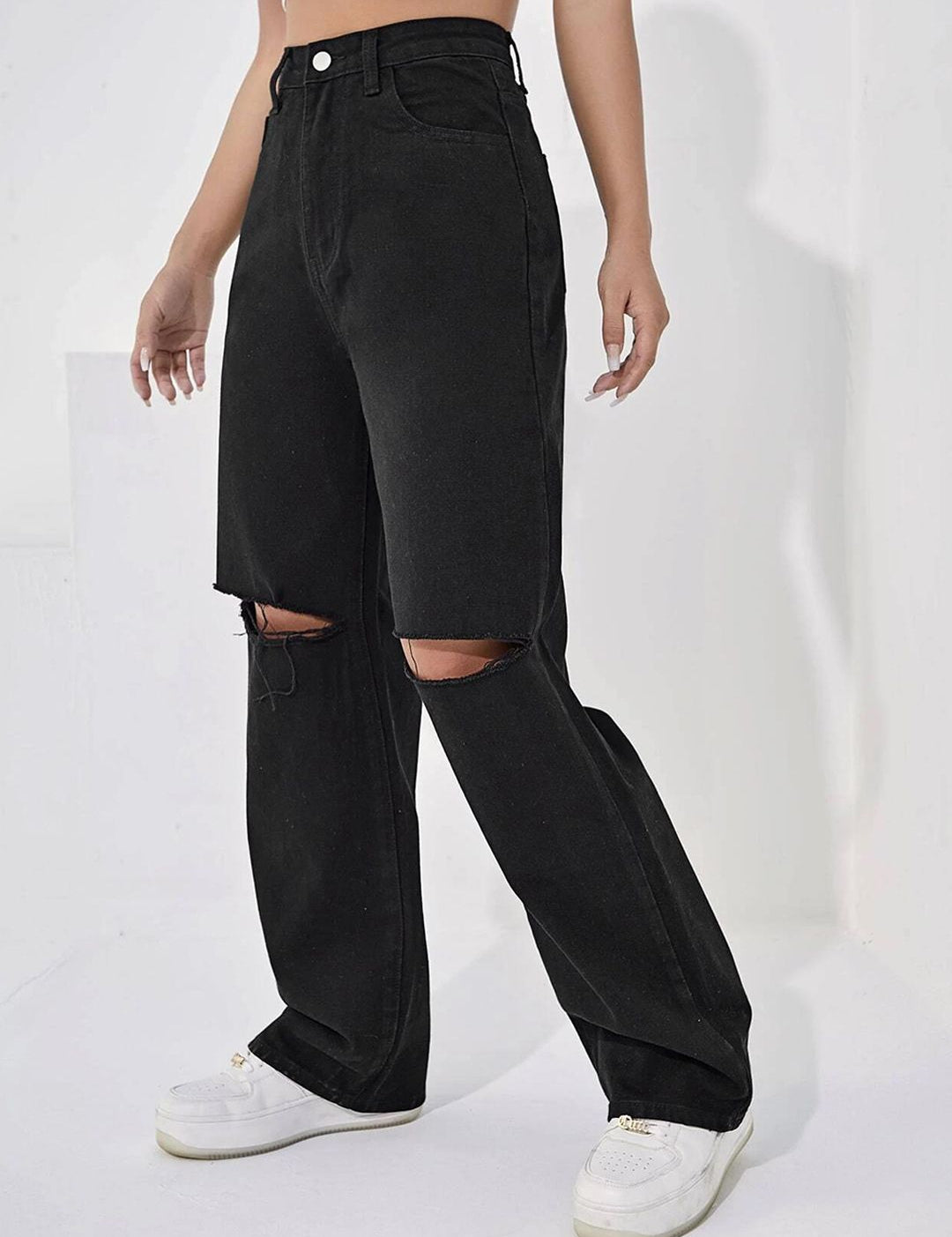 Kotty Women Black Jean Straight Fit High-Rise Slash Knee Stretchable Jeans