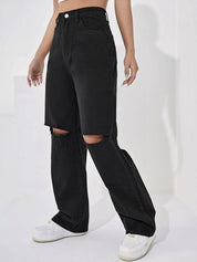 Kotty Women Black Jean Straight Fit High-Rise Slash Knee Stretchable Jeans