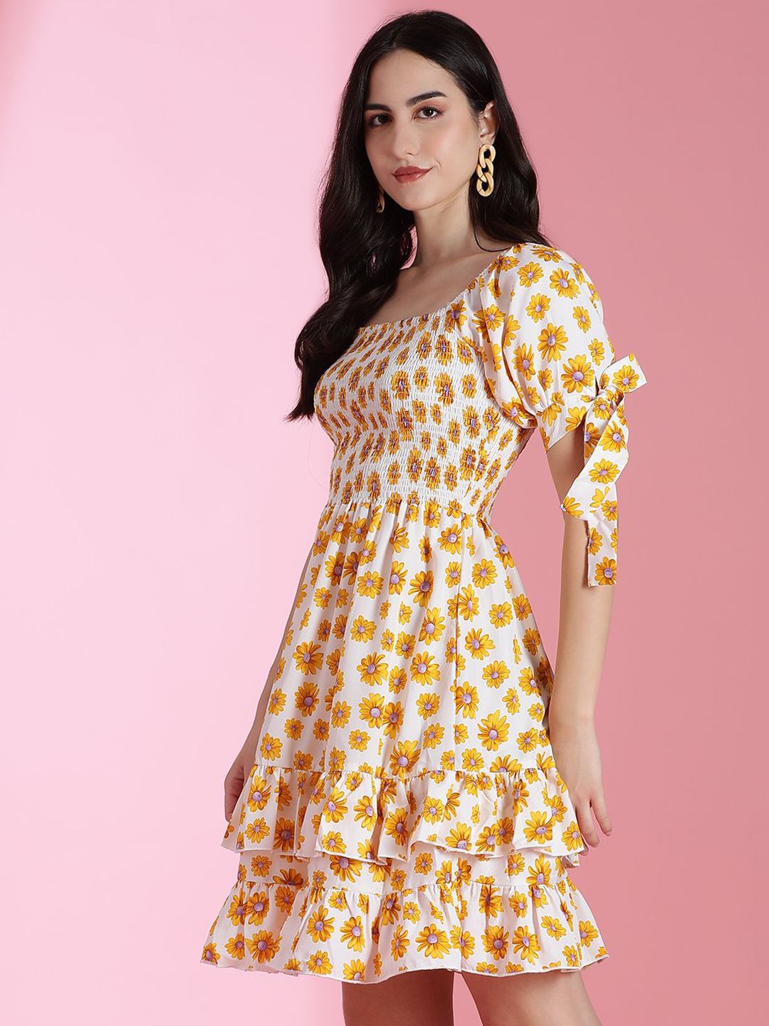 Kotty Floral Printed Puff Sleeve Fit & Flare Dress