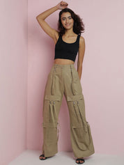 Kotty Women Solid Relaxed Straight Fit Mid-Rise Cargo Trousers