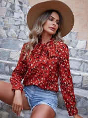 Kotty Red Abstract Printed Tie-Up Neck Regular Top