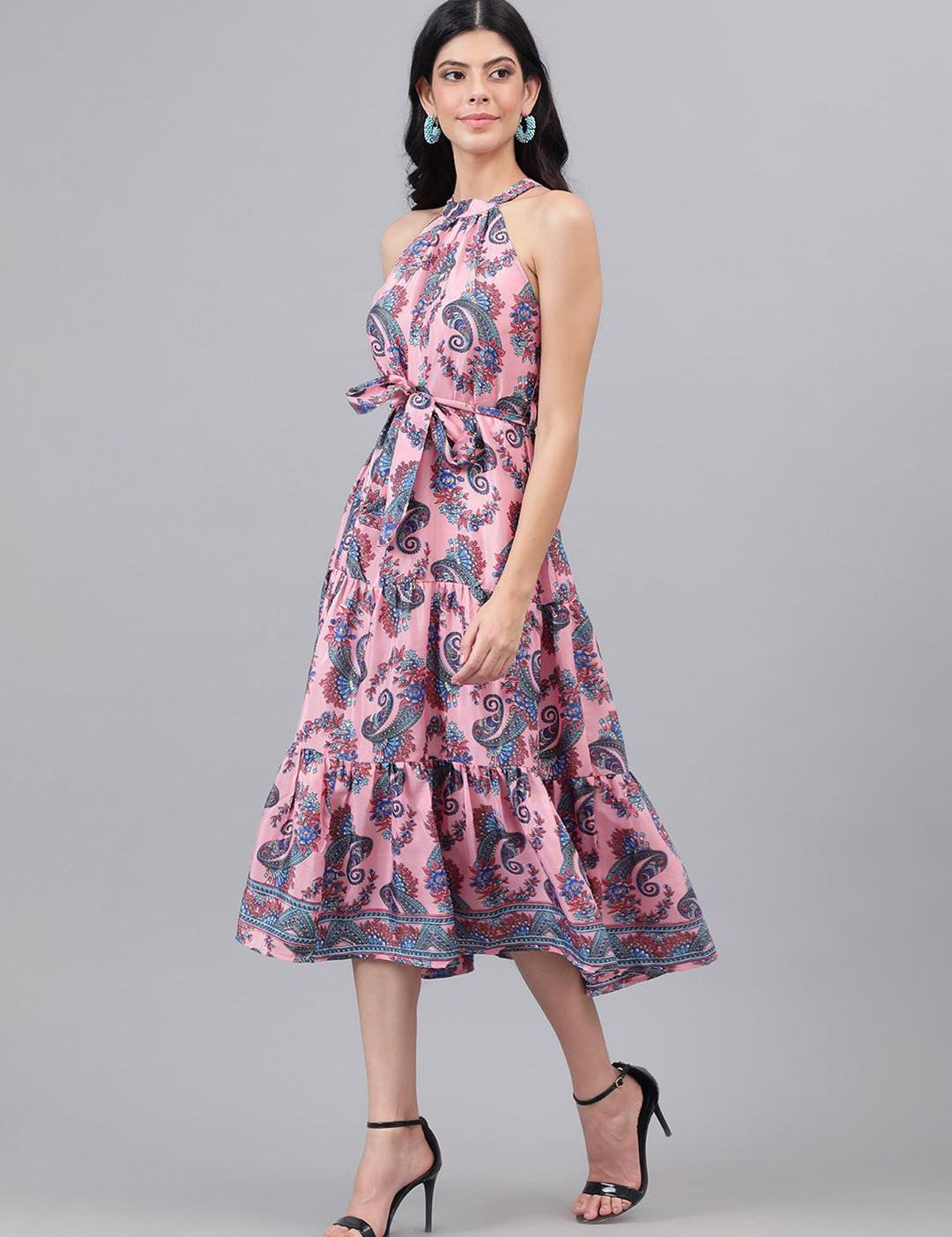 Kotty Pink And Blue Paisley Printed Choker Neck Tiered Fit & Flare Midi Dress