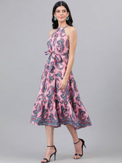 Kotty Pink And Blue Paisley Printed Choker Neck Tiered Fit & Flare Midi Dress