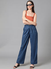 Kotty Women Navy Blue Relaxed Straight Leg High-Rise Easy Wash Pleated Trousers
