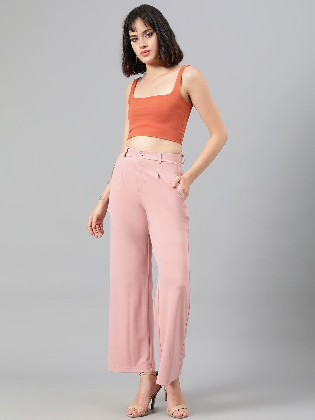 KOTTY BIZwear Women Pink Relaxed Straight Leg Fit High-Rise Easy Wash Parallel Trousers
