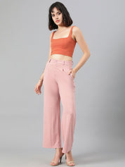 KOTTY BIZwear Women Pink Relaxed Straight Leg Fit High-Rise Easy Wash Parallel Trousers