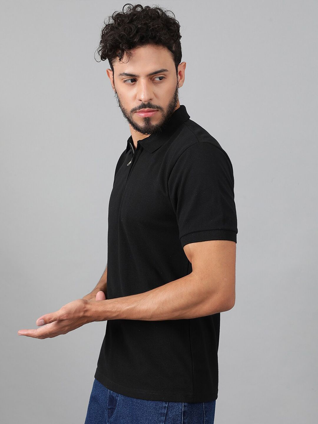 Kotty Black Polo Collar Cotton T-shirt