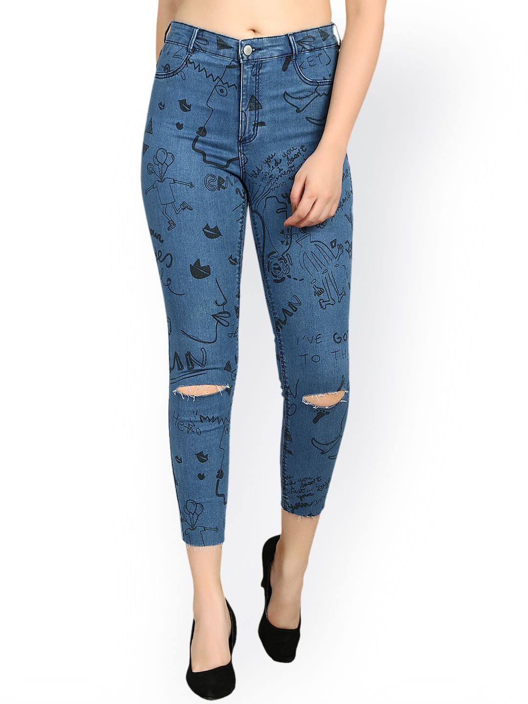Kotty Women Blue Skinny Fit High-Rise Slash Knee Printed Stretchable Jeans