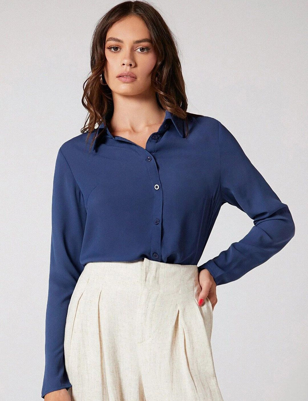 Kotty Blue Spread Collar Shirt Style Top