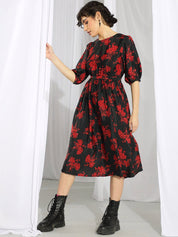 Kotty Black & Red Floral Printed Fit & Flare Midi Dress With Belt