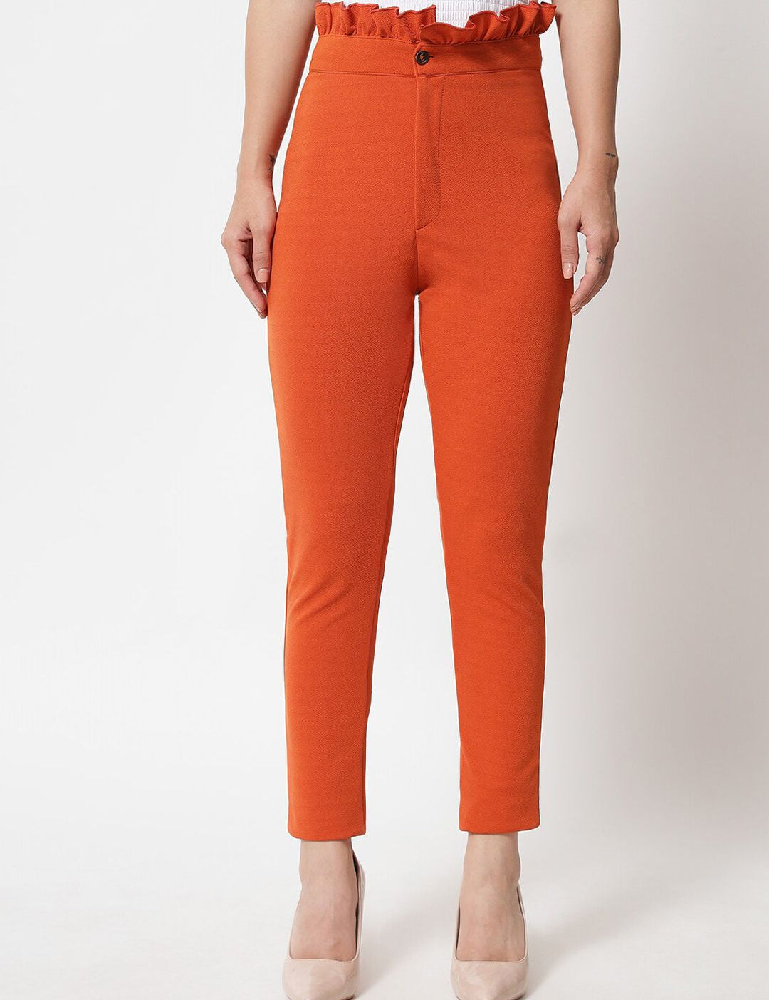 Kotty Women Orange Relaxed Straight Fit High-Rise Easy Wash Trousers