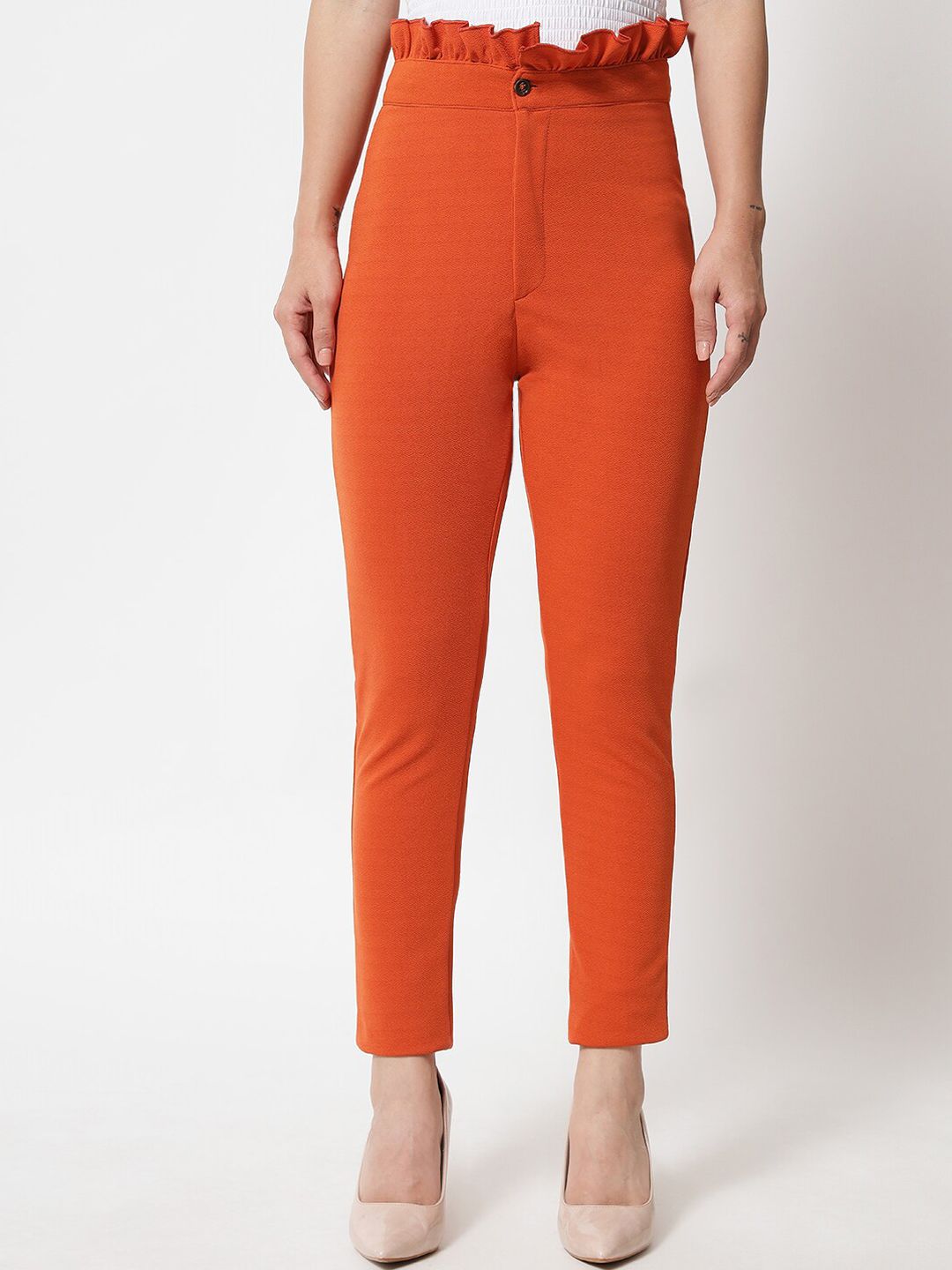 Kotty Women Orange Relaxed Straight Fit High-Rise Easy Wash Trousers