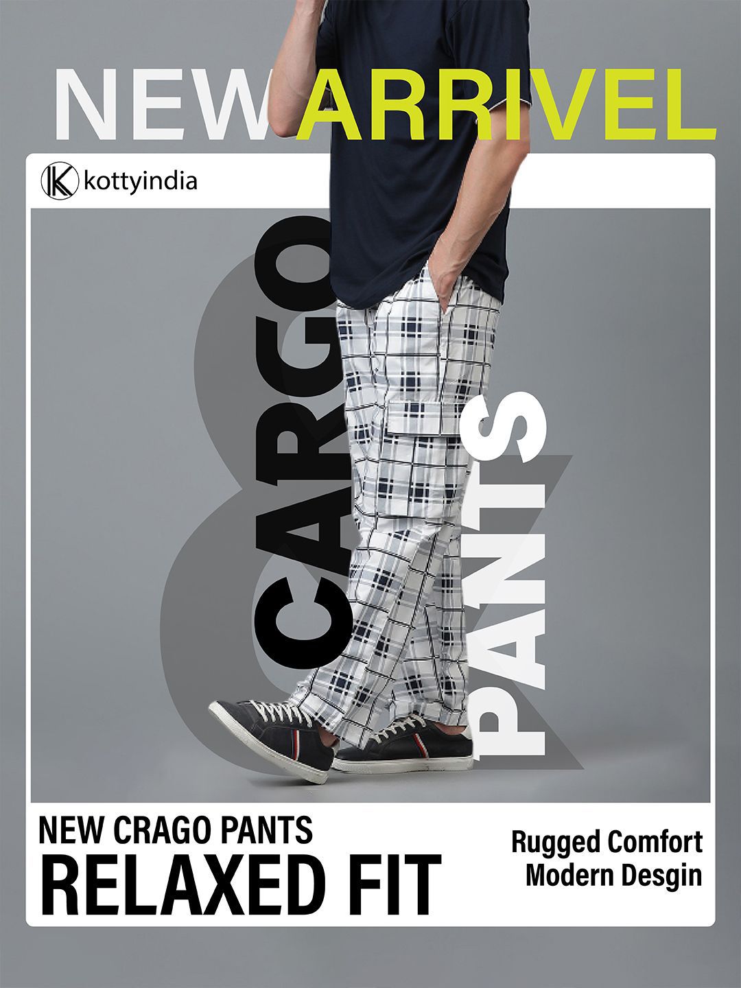 Kotty Men Checked Relaxed Low-Rise Easy Wash Cargo Trousers