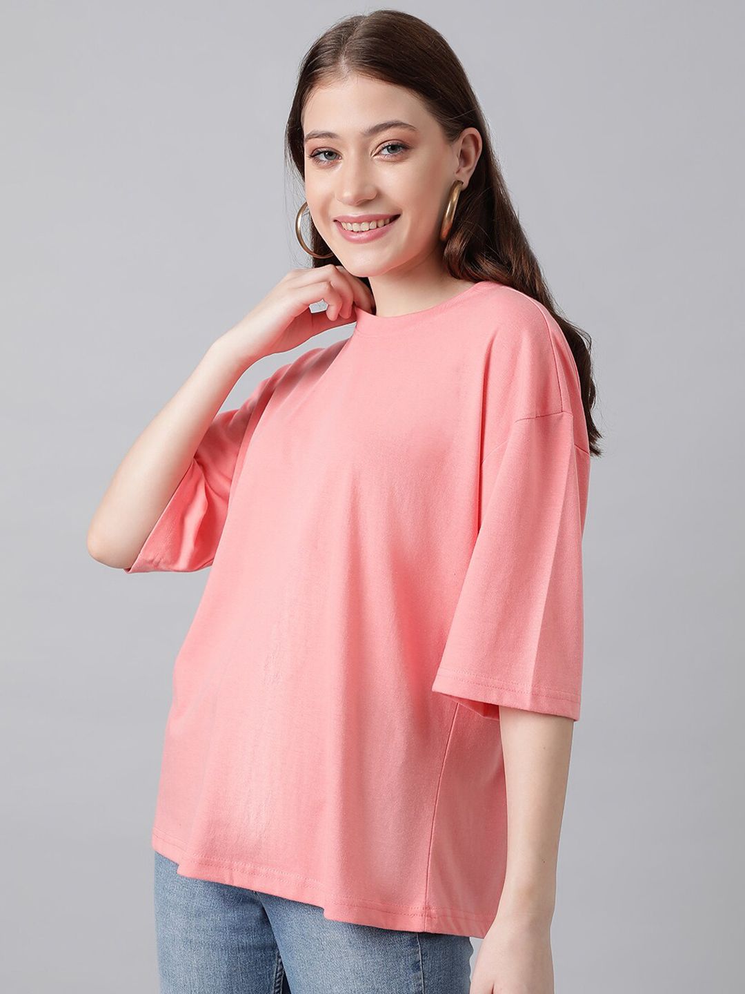 KOTTY Basics Pink Round Neck Oversized T-shirt