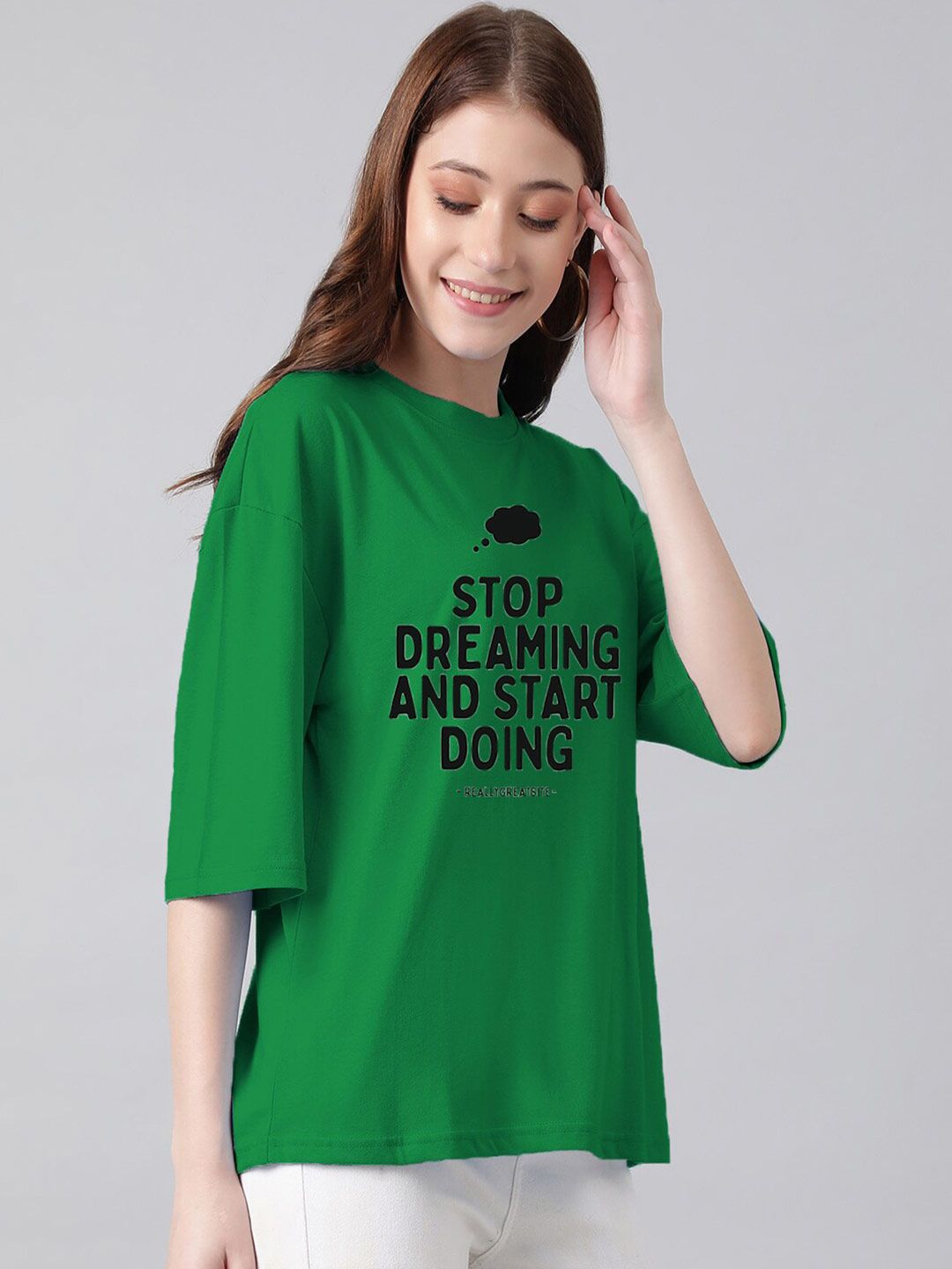 Kotty Green & Black Typography Printed Drop Shoulder Sleeves Oversized Casual T-Shirt