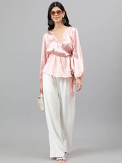 Kotty Pink Cuffed Sleeve Satin Wrap Waist Top
