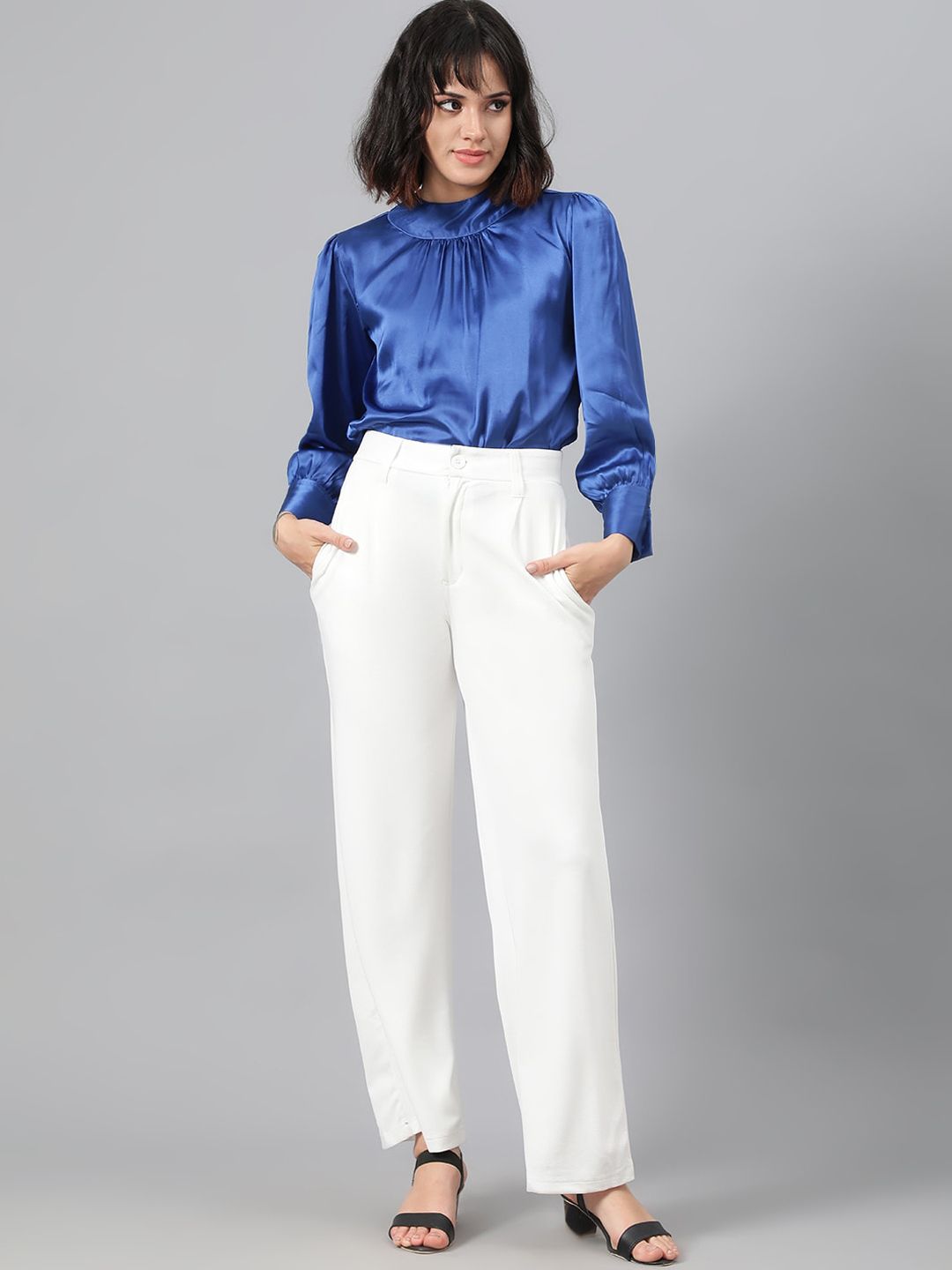 Kotty Women White Relaxed Straight Leg Fit High-Rise Easy Wash Pleated Parallel Trousers