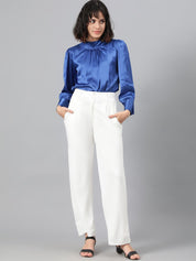 Kotty Women White Relaxed Straight Leg Fit High-Rise Easy Wash Pleated Parallel Trousers