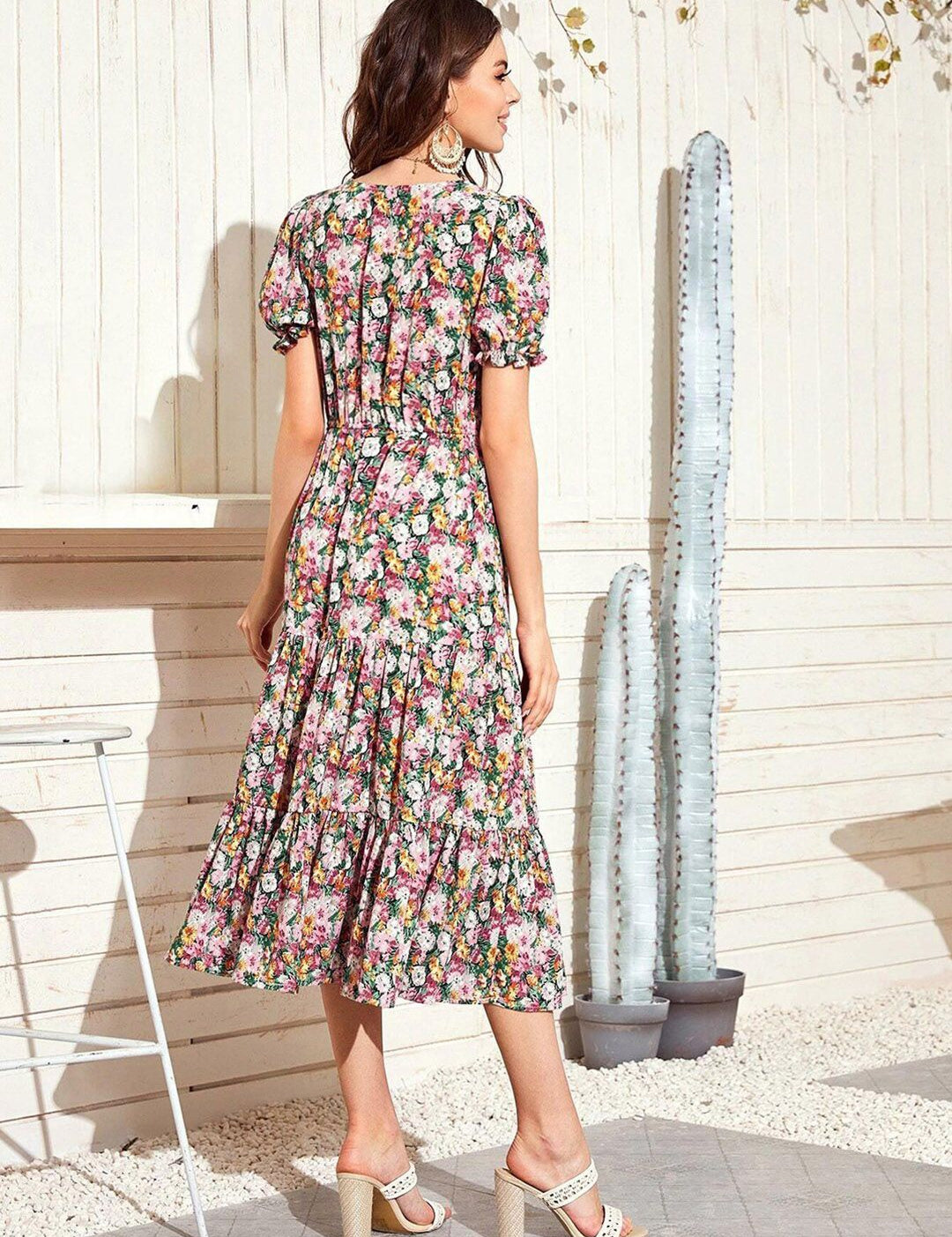 Kotty Floral Printed Puff Sleeves Midi Fit & Flare Dress