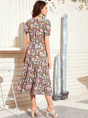 Kotty Floral Printed Puff Sleeves Midi Fit & Flare Dress
