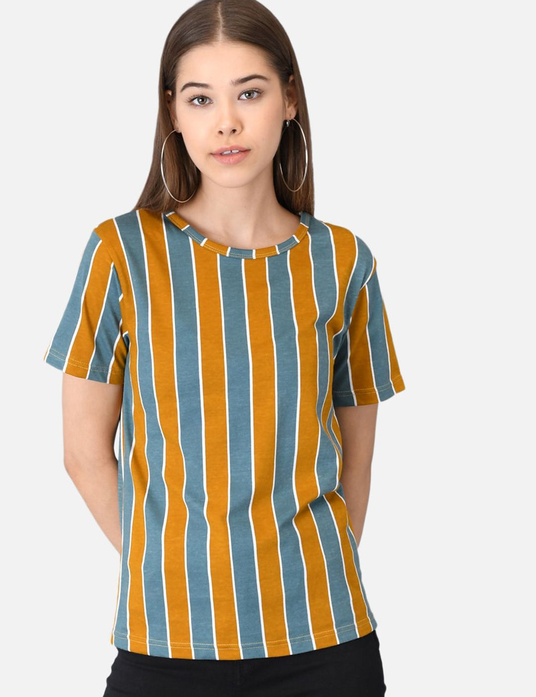 Kotty Women Yellow & Grey Striped Round Neck T-shirt