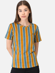Kotty Women Yellow & Grey Striped Round Neck T-shirt