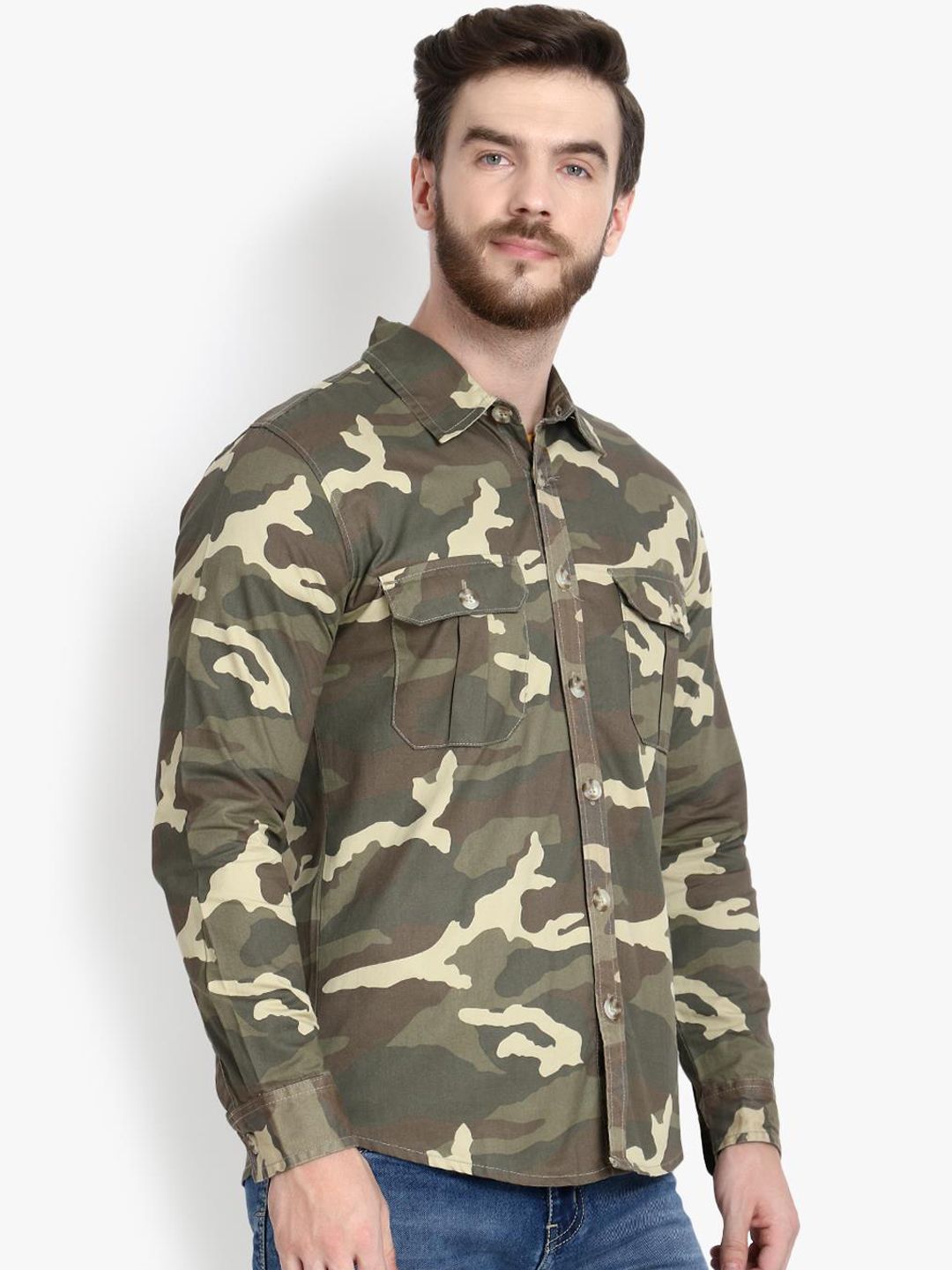 Kotty Men Olive Green Regular Fit Printed Casual Shirt